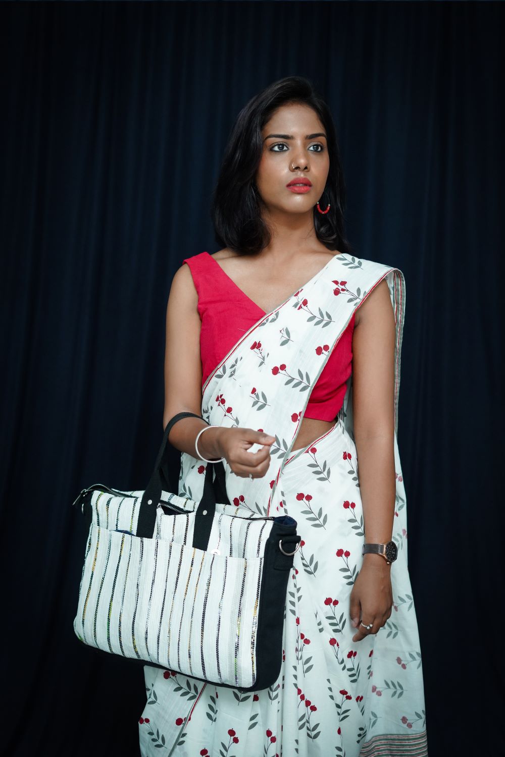 White Cherry - Upcycled Patchwork Saree- White/Red