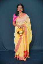Pale Yellow & Pink - Handwoven Silk Cotton Induri Saree