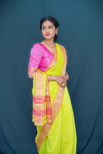 Parrot Green & Pink - Handwoven Silk Cotton Induri Saree