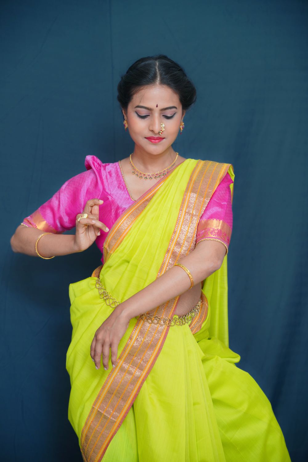 Parrot Green & Pink - Handwoven Silk Cotton Induri Saree