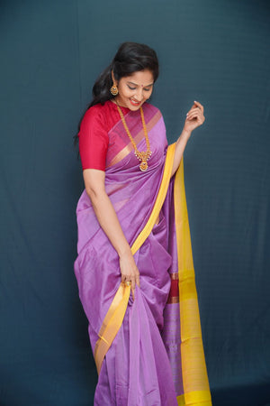 Maheshwari Silk Cotton Saree with Ganga Jamuna Border - Lilac