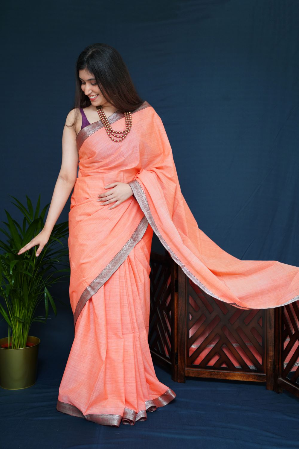 Mangalagiri Cotton Silver Nizam Border Saree - Peach/Brown