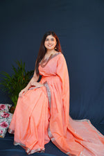 Mangalagiri Cotton Silver Nizam Border Saree - Peach/Brown