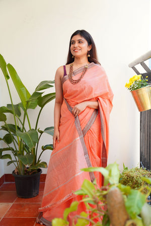 Mangalagiri Cotton Silver Nizam Border Saree - Peach/Brown