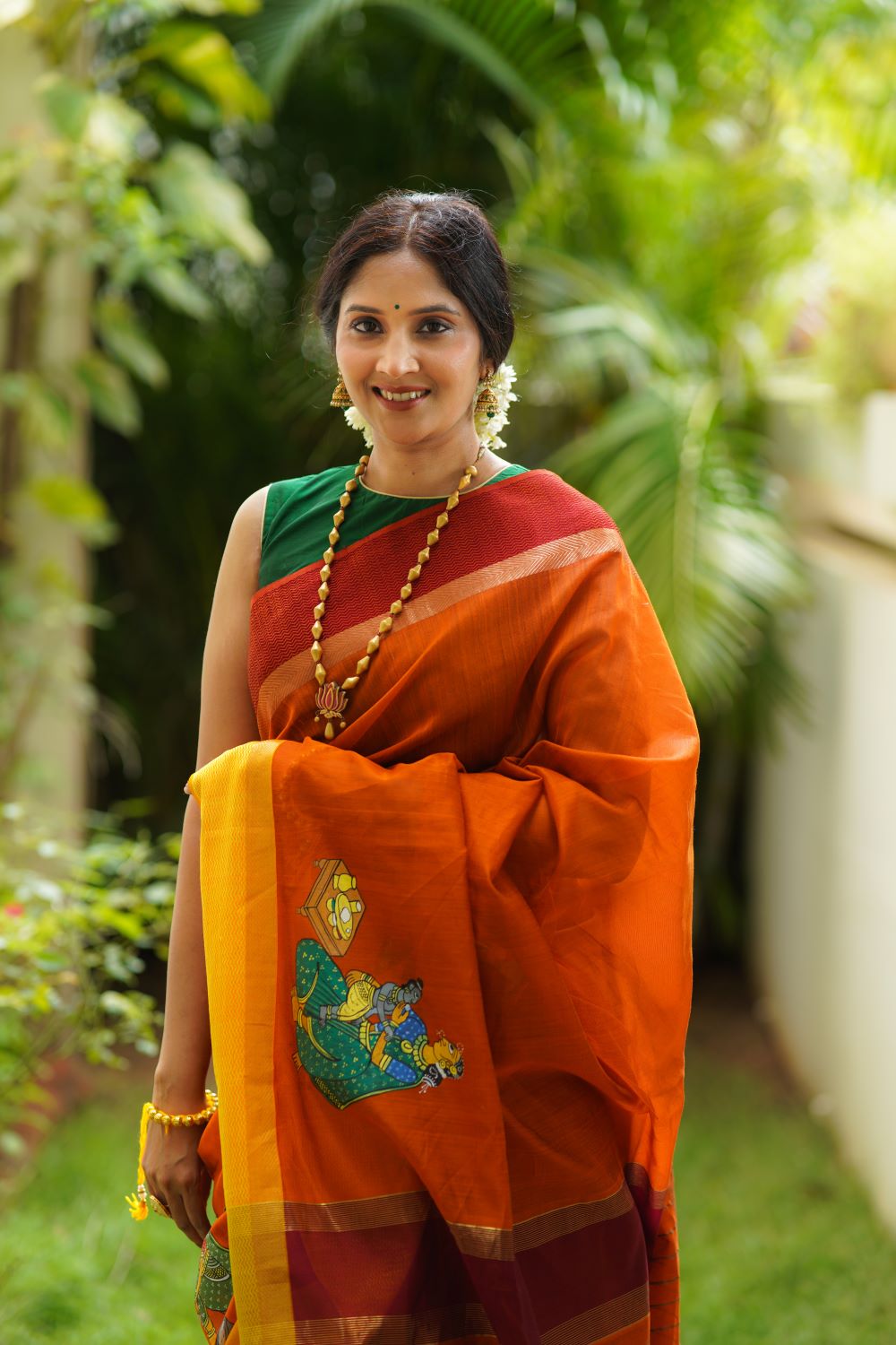 Maheshwari Silk Cotton Saree with Handpainted Cheriyal