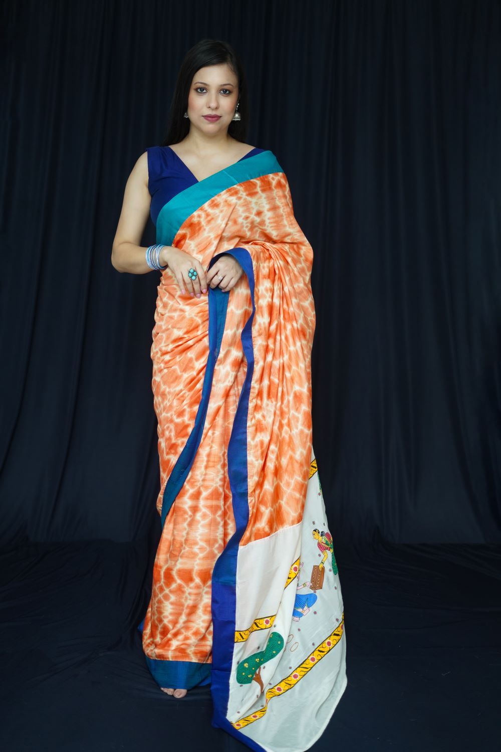 Shibori - Upcycled Patchwork Saree- Orange/Blue