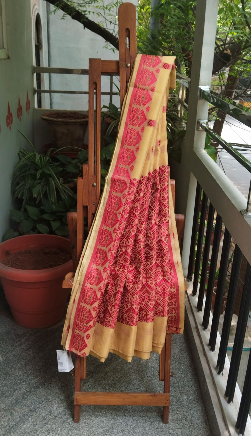 Dobara - Pale Yellow & Red - Preloved Assam Sico Saree