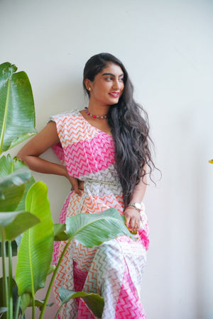 Zig-Zag State of Mind- Upcycled Cotton Patchwork Saree- Pink/White