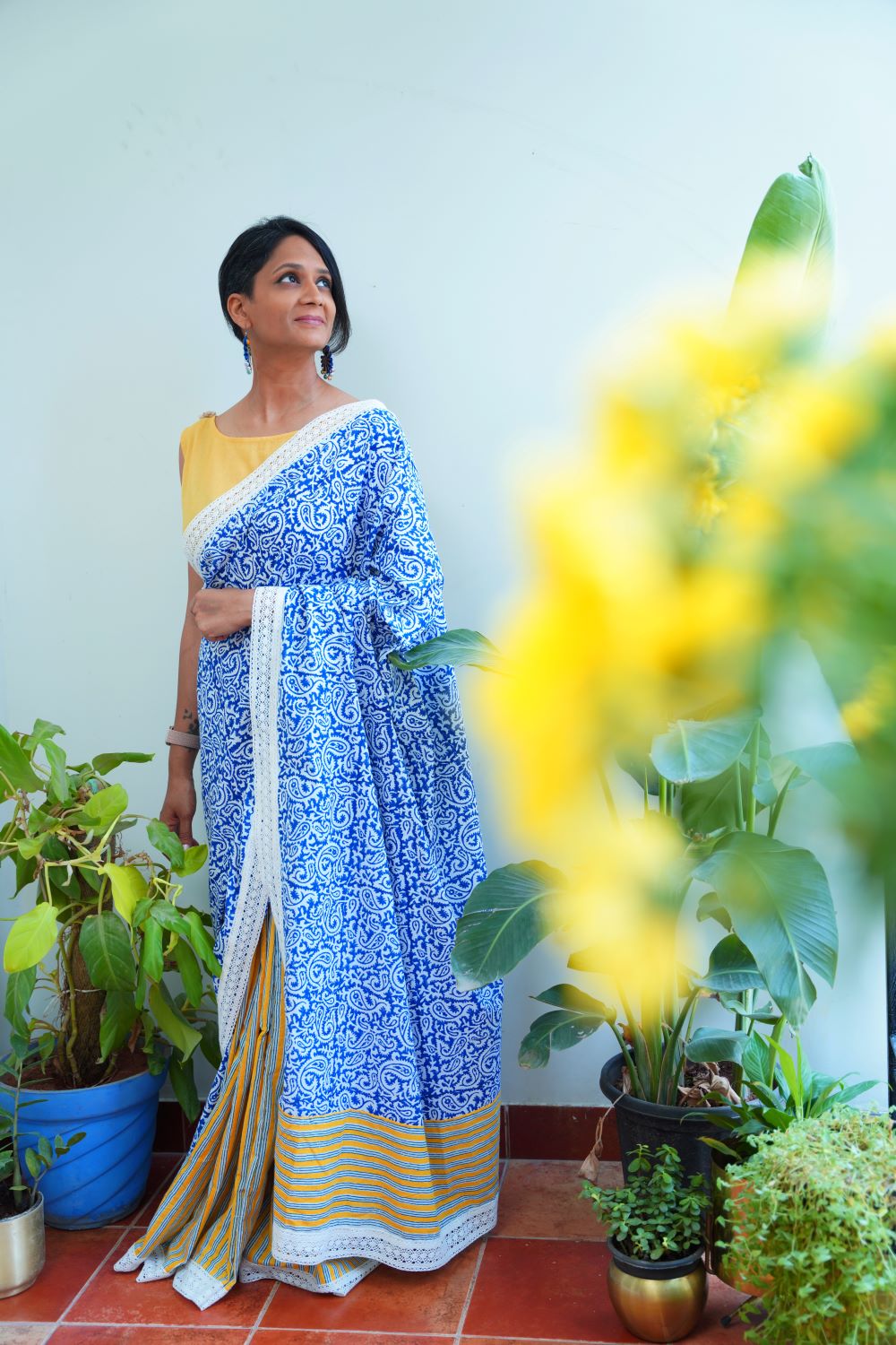 Upcycled Cotton Patchwork Saree- Blue/Yellow