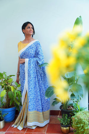 Upcycled Cotton Patchwork Saree- Blue/Yellow