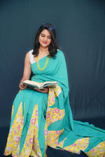 Upcycled Cotton Patchwork Saree- Sea Green/Yellow