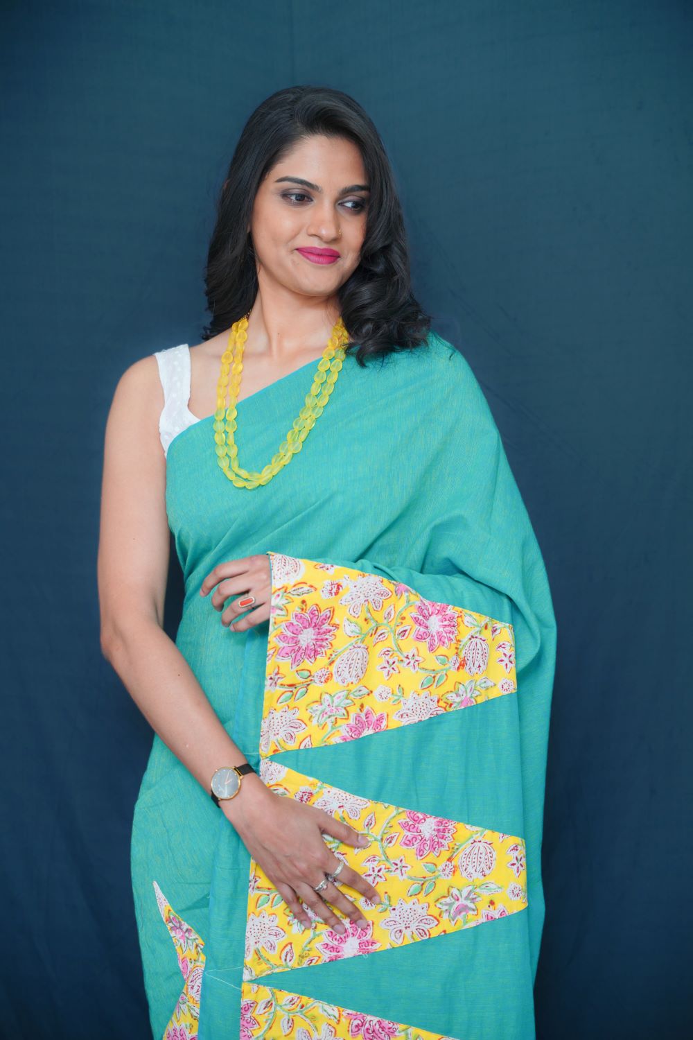 Upcycled Cotton Patchwork Saree- Sea Green/Yellow