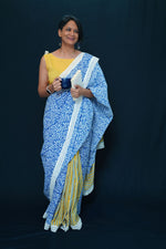 Upcycled Cotton Patchwork Saree- Blue/Yellow