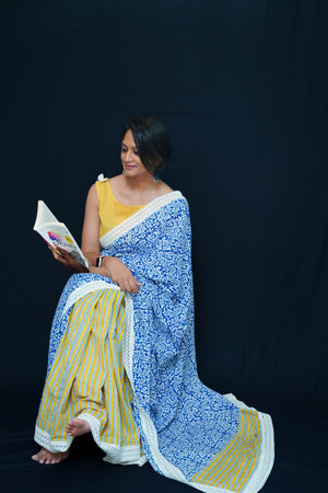Upcycled Cotton Patchwork Saree- Blue/Yellow