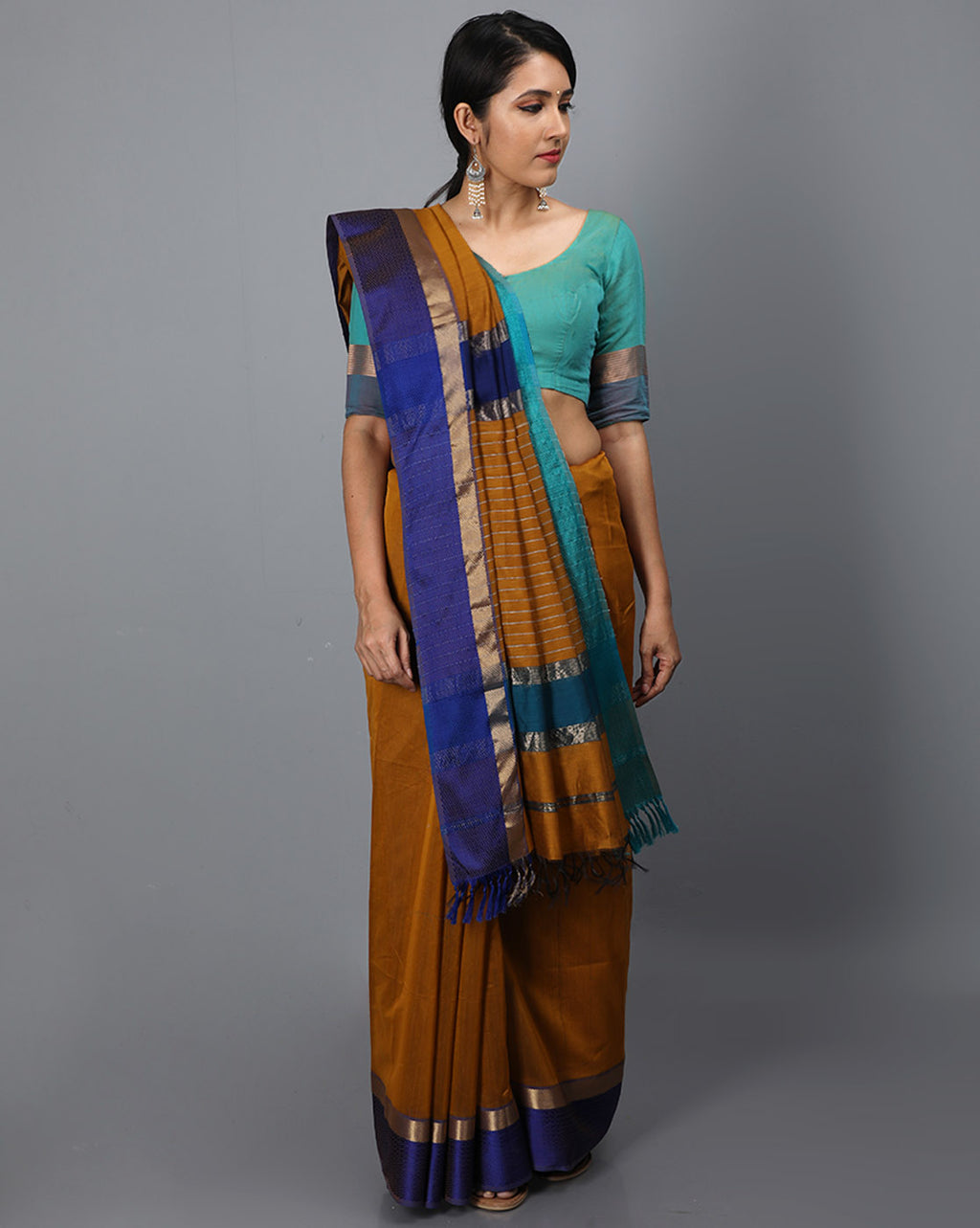 Maheshwari Silk Cotton Saree with Ganga Jamuna Border – Brown