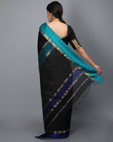 Parijat the Eternal Flower : Embroidery on Black Silk Linen Saree - Etsy