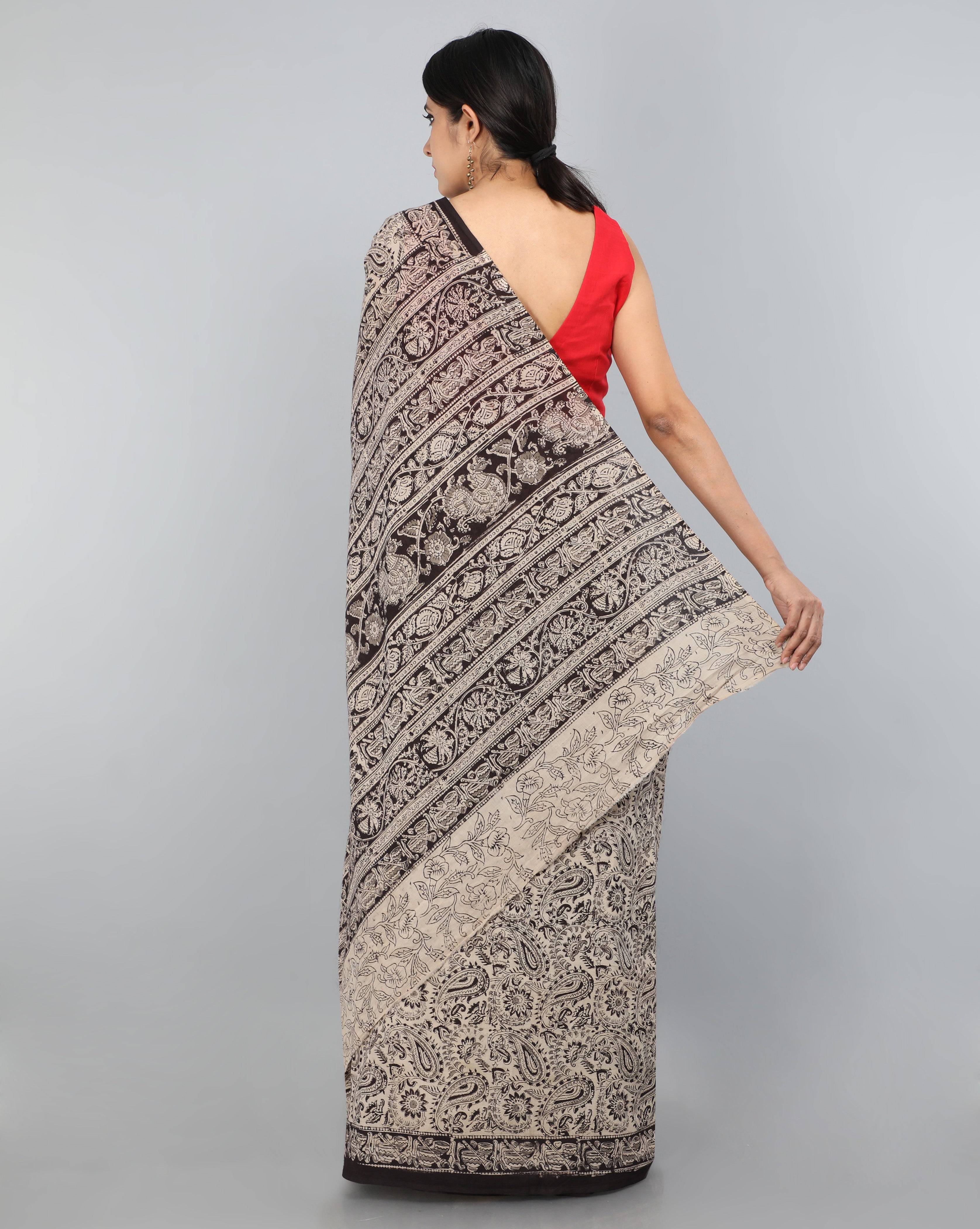 Pedana Kalamkari Handblock Print Mul-Mul Cotton Saree with Leaf Motif |  Viswaveda.in