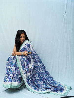 Pop Saree | Mul Cotton Saree with Crochet Lace Insert - Blue