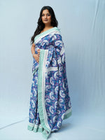 Pop Saree | Mul Cotton Saree with Crochet Lace Insert - Blue
