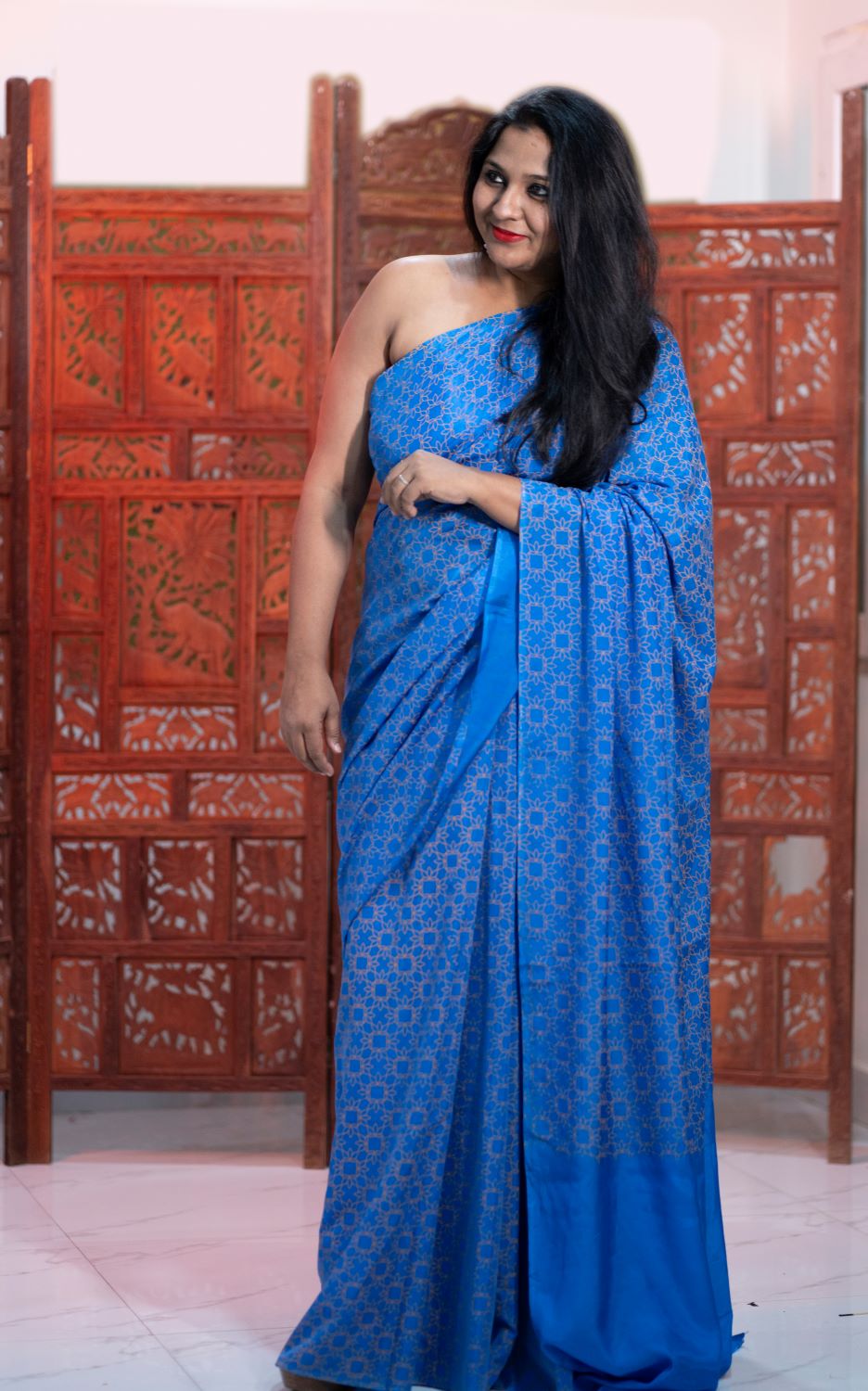 To Me, You're Perfect- Printed Modal Silk Saree- Blue and Copper