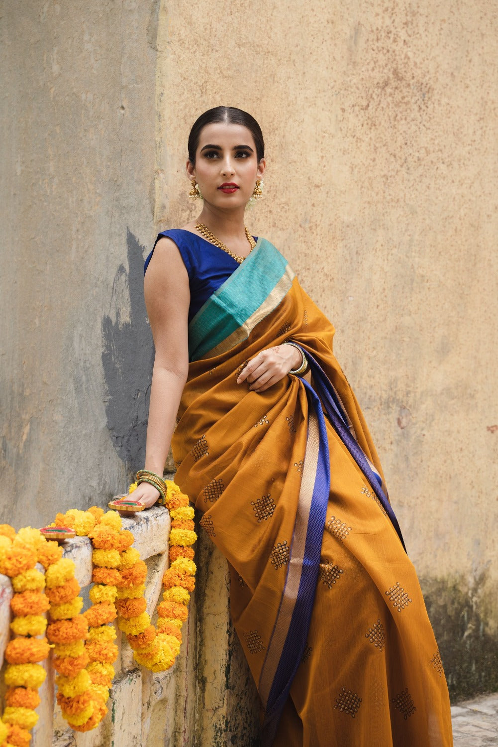 Ganga Jamuna Maheshwari with Rangavalli Handblock Print | Brown ...