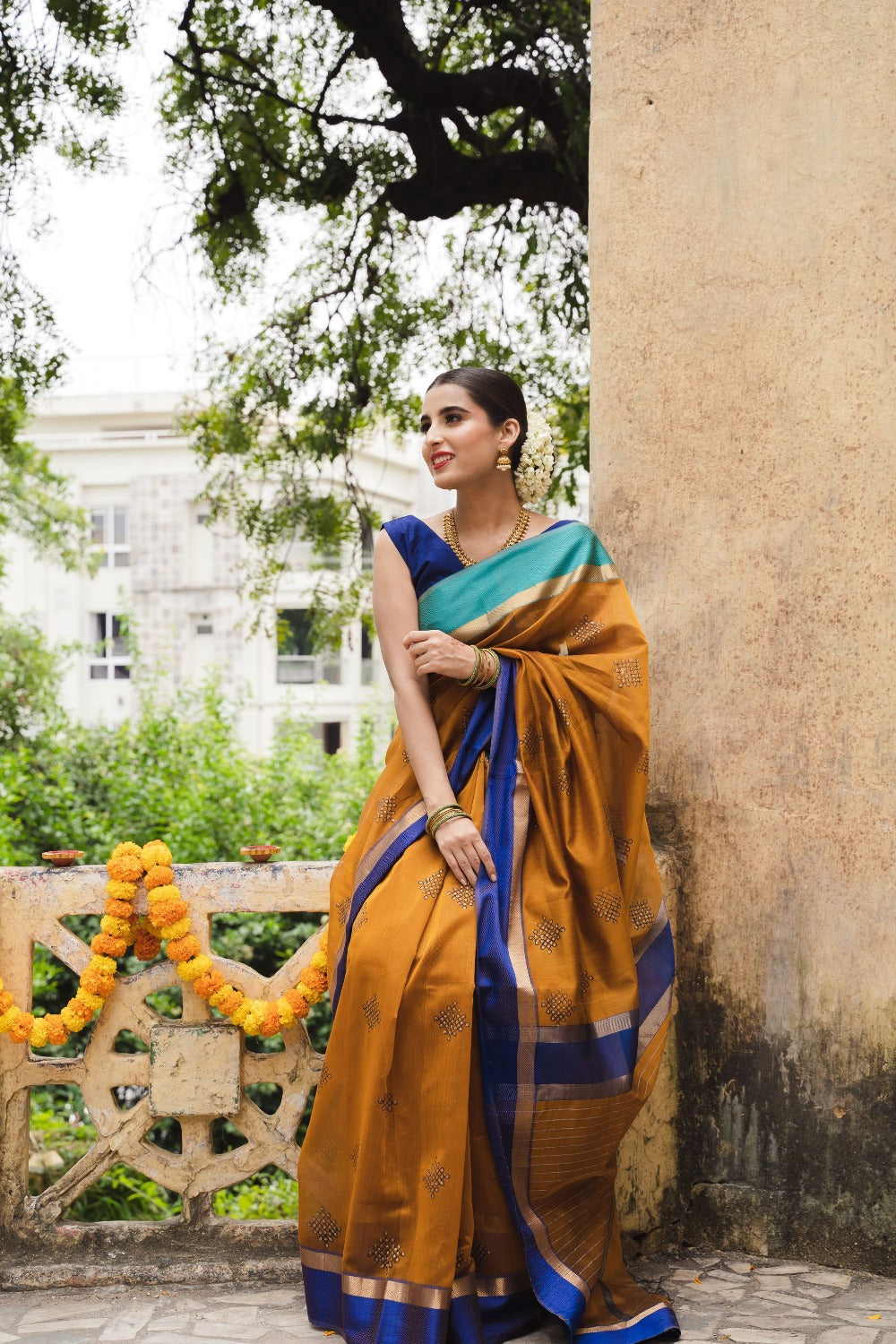 Ganga Jamuna Maheshwari with Rangavalli Handblock Print | Brown ...