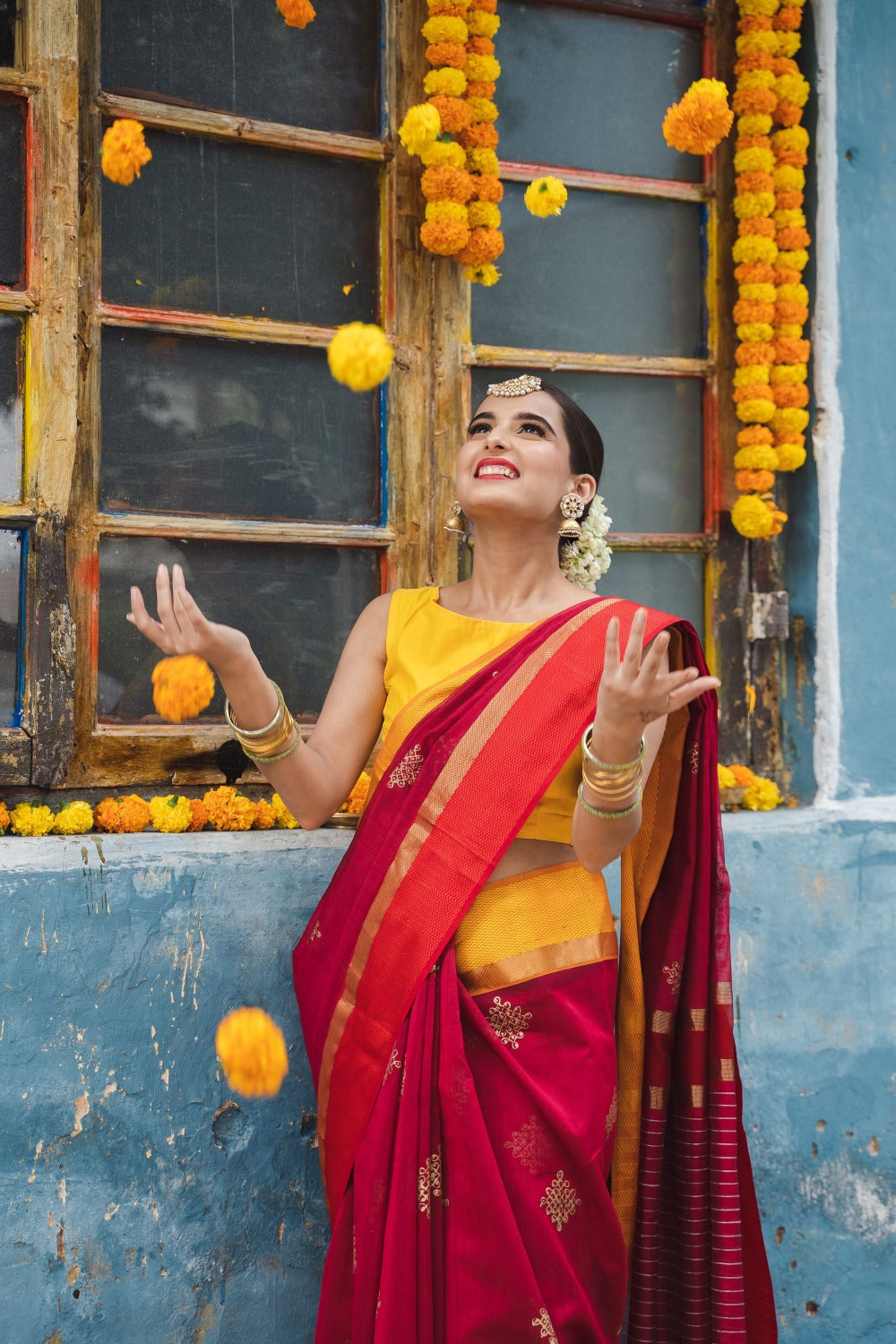 Ganga Jamuna Maheshwari with Rangavalli Handblock Print | Red ...