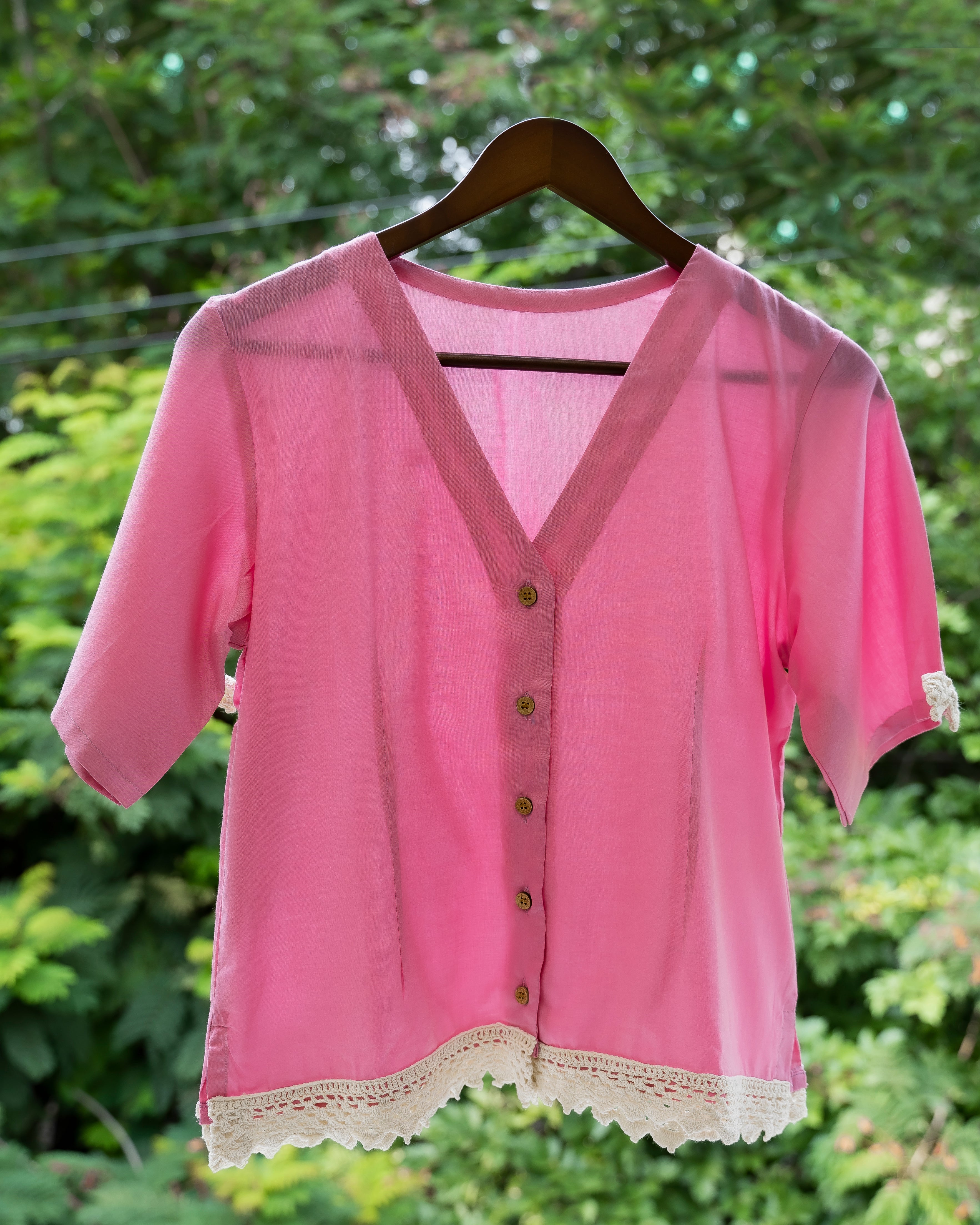 ColorPlay | Cotton Modal Blouse with Handmade Crochet Trim & Sleeves - Candy Pink