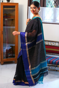 Maheshwari Silk Cotton Saree with Ganga Jamuna Border - Black