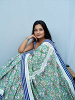Pop Saree | Mul Cotton Saree with Crochet Lace Insert - Green