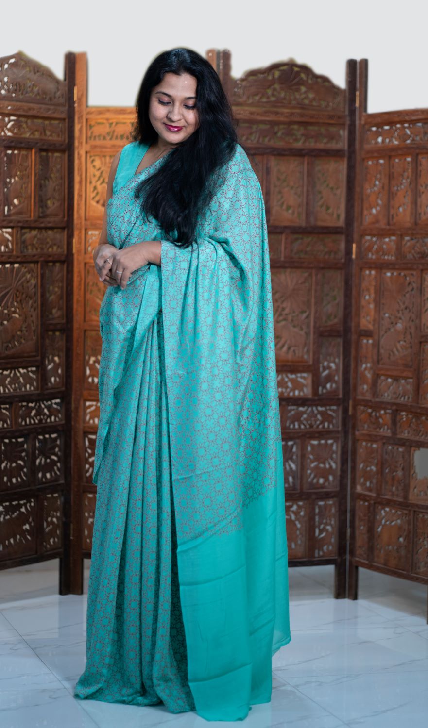 Of All the Gin Joints- Printed Modal Silk Saree- Green and Red