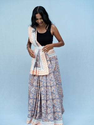 Pop Saree | Mul Cotton Saree with Crochet Lace Insert - Grey