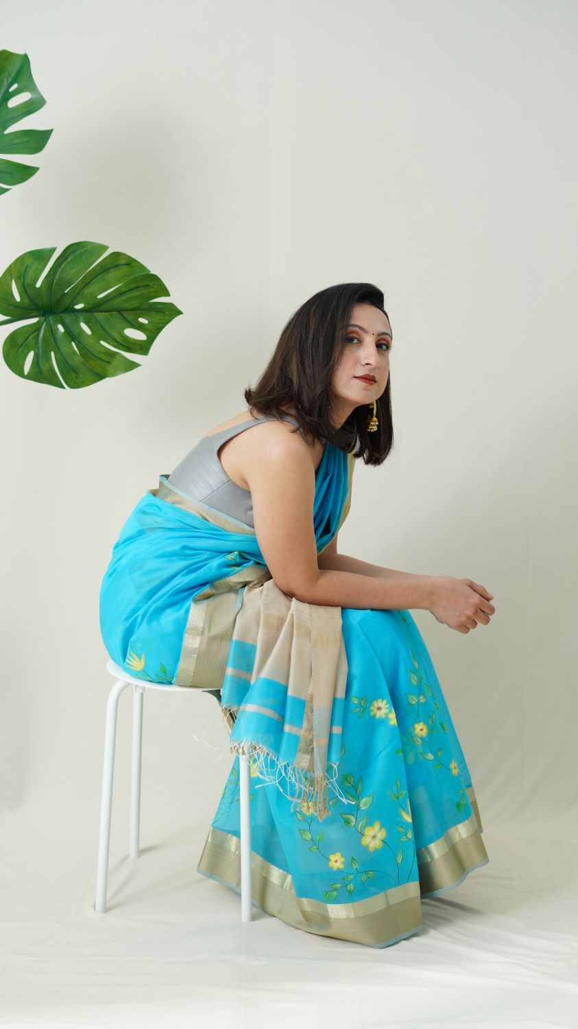 Guldasta | Handpainted Maheshwari Saree - Sky Blue
