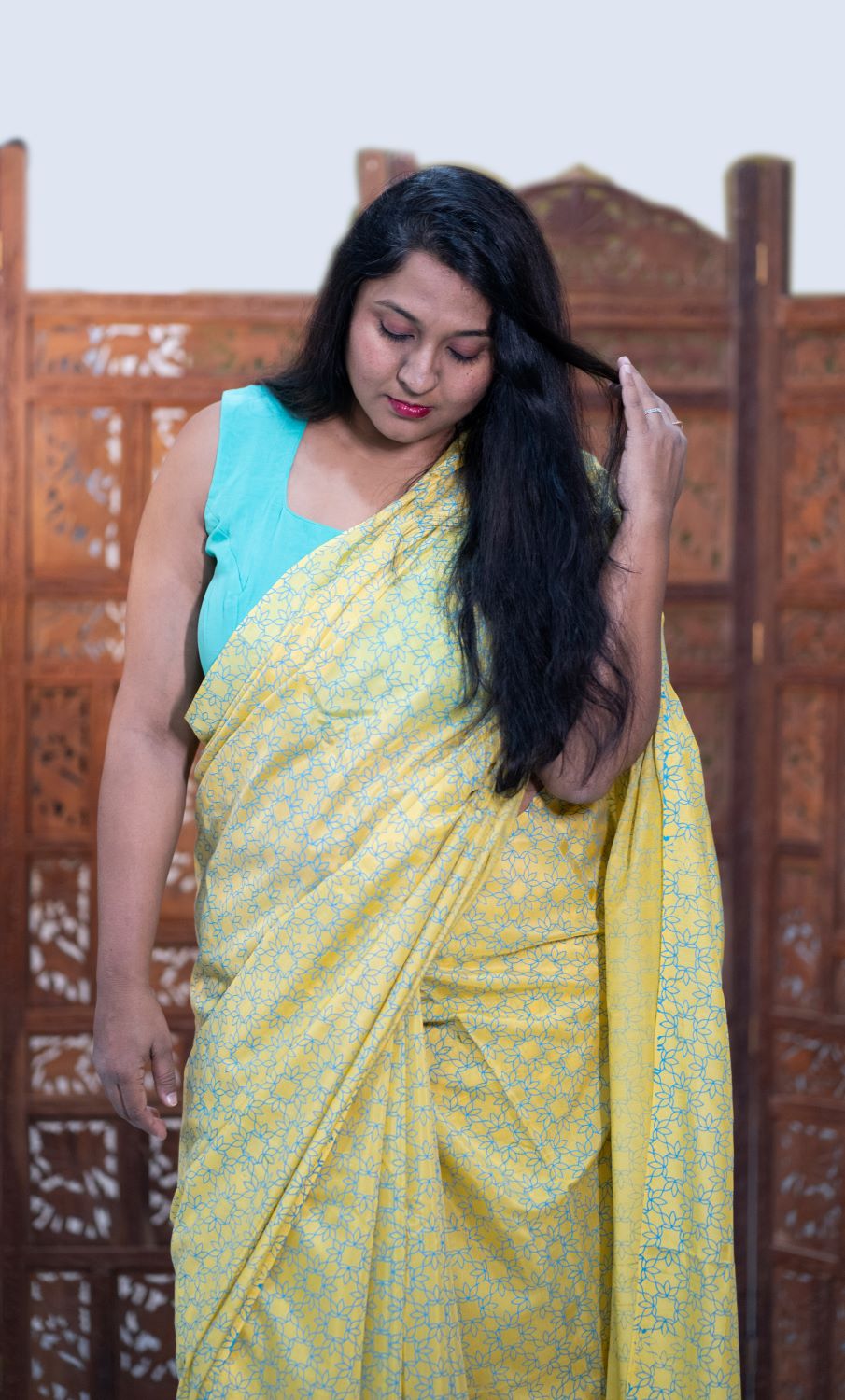 Frankly My Dear- Printed Modal Silk Saree- Yellow and Teal