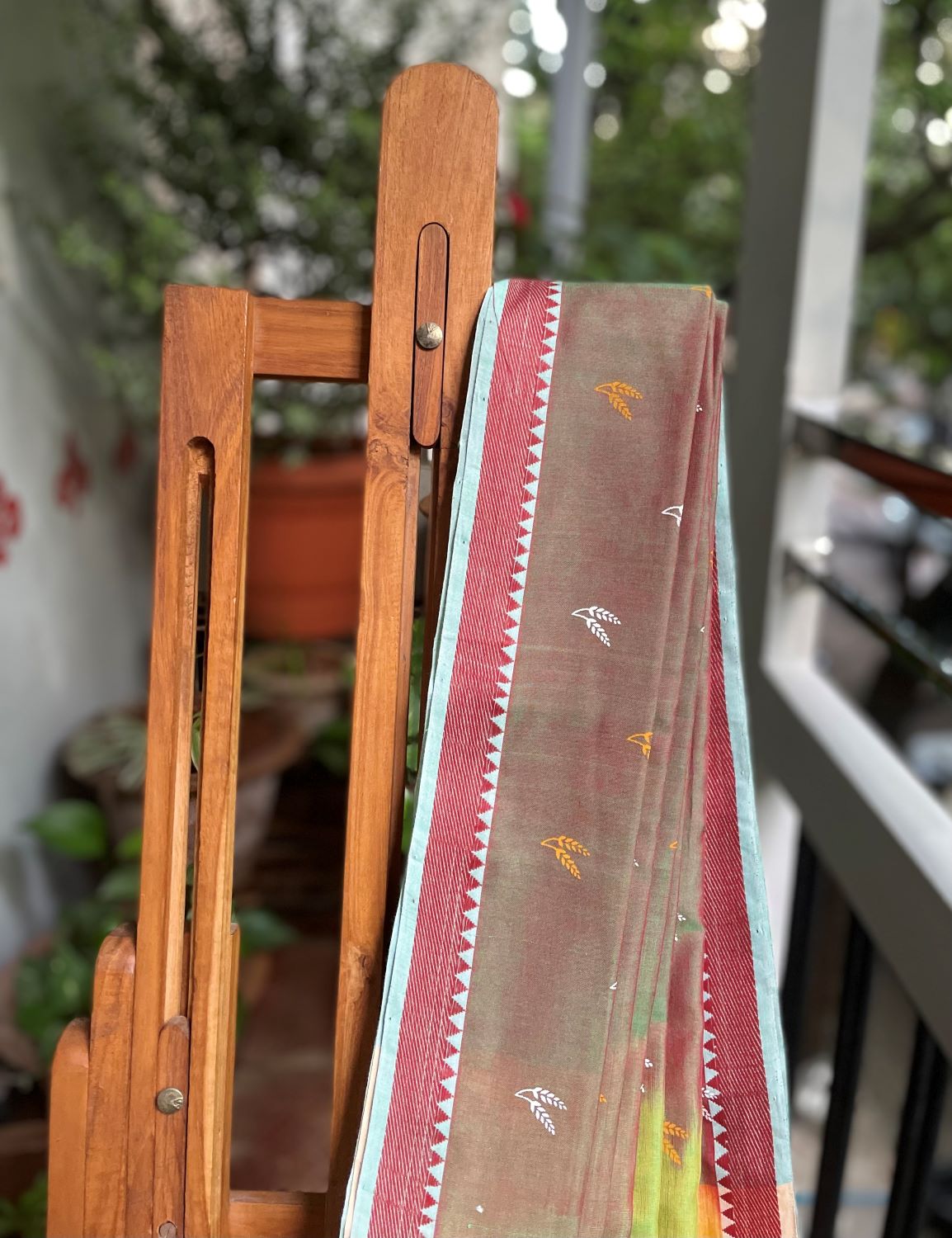 Dhanyam- Printed Cotton Modal Saree- Tender Mango Leaf