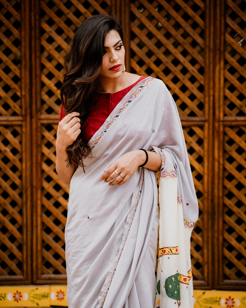 Modal Silk Saree with Handpainted Cheriyal Pallu- Ash