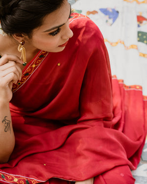 Modal Silk Saree with Handpainted Cheriyal Pallu- Scarlet