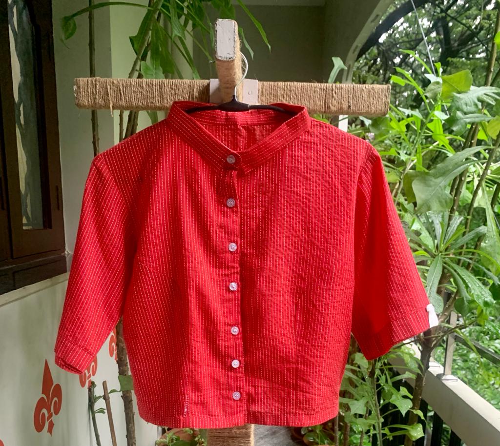Cotton Crop Top with Machine Kantha | Red