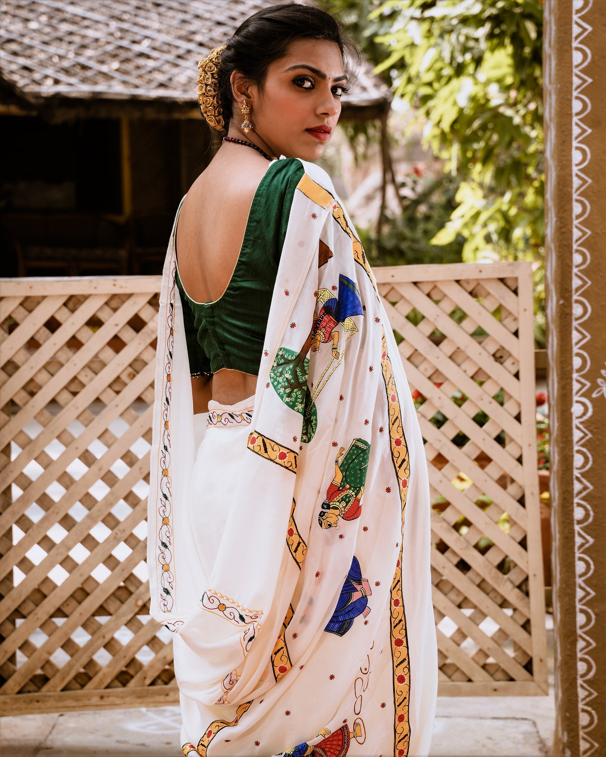 Modal Silk Saree with Handpainted Cheriyal Pallu- Ivory